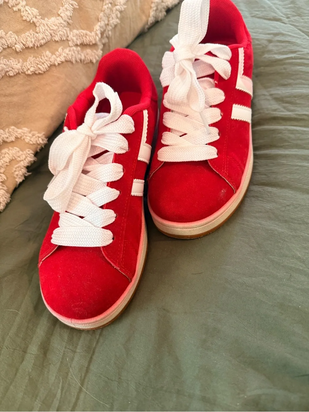 Women’s Red Suede Lace-Up Sneakers with White Stripes